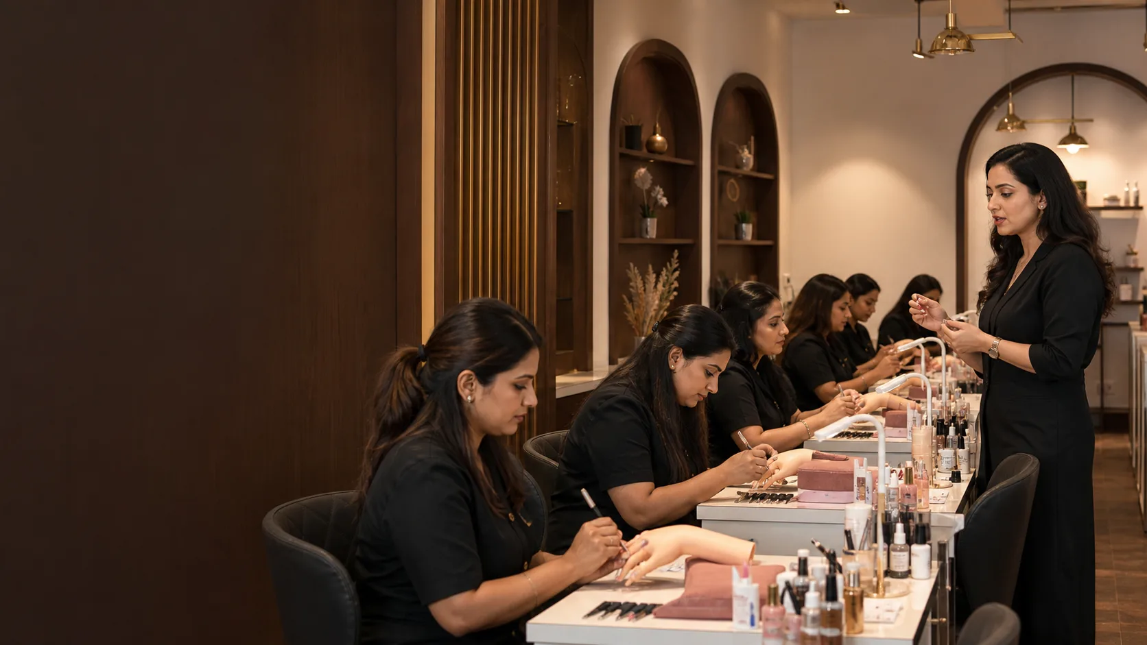 Adult students learning professional manicure technique at Daisy Nail Academy